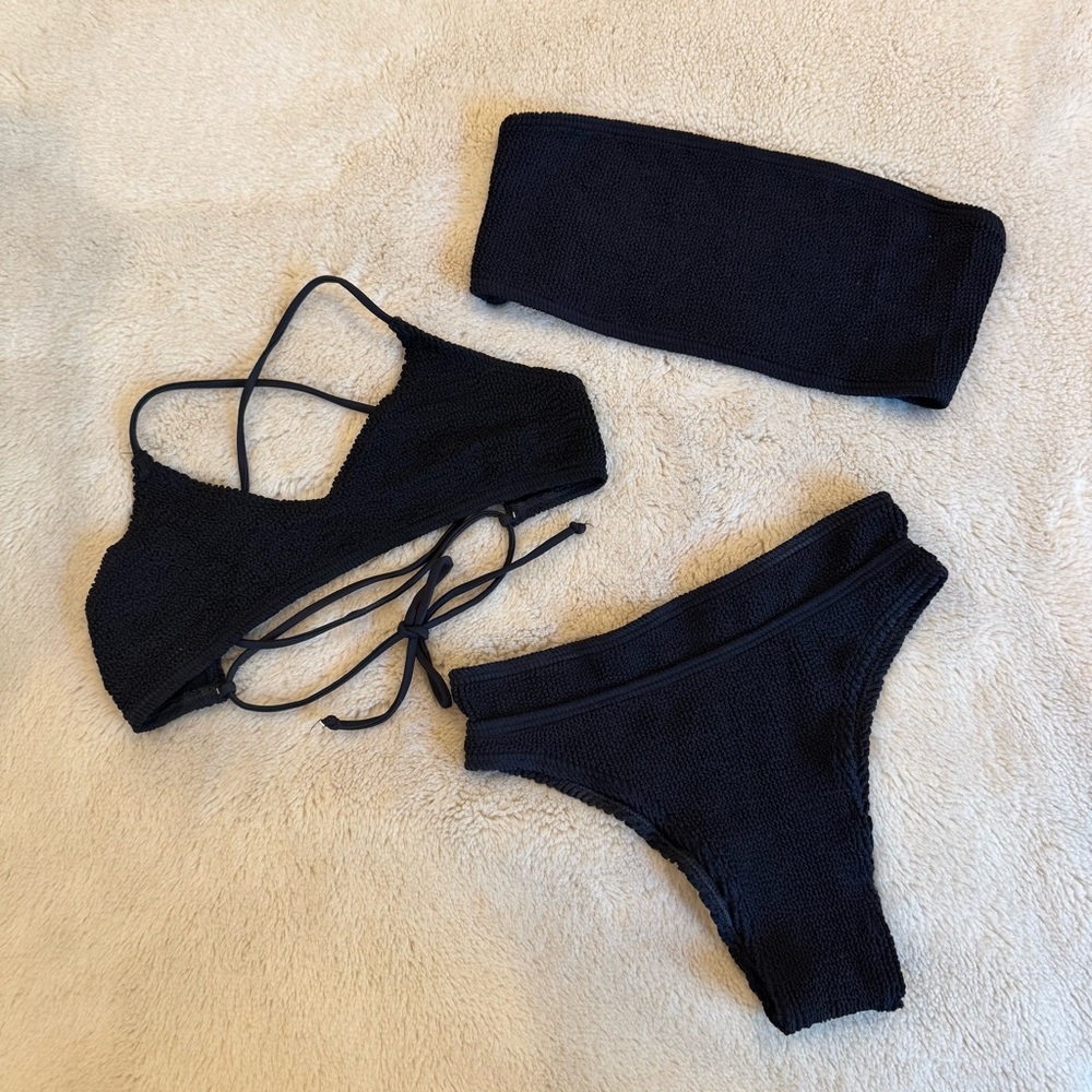 bond-eye Black Crinkle Bikini Set (2 tops 1 bottom)
